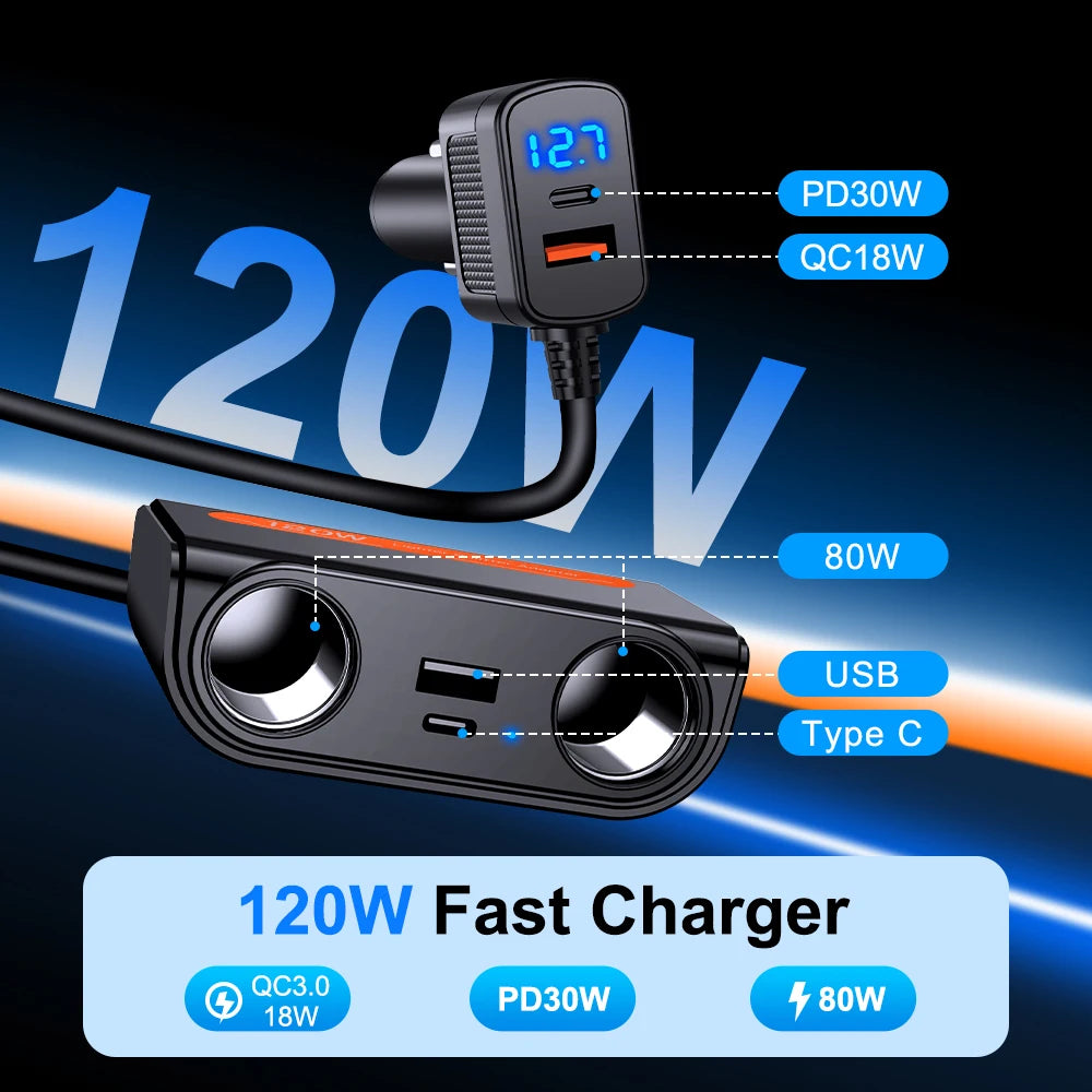 7 in 1 USB Type C Socket 120W Car Cigarette Lighter Splitter 12V 24V Fast Charger Phone Power Adapter for Car DVR GPS Dashcam