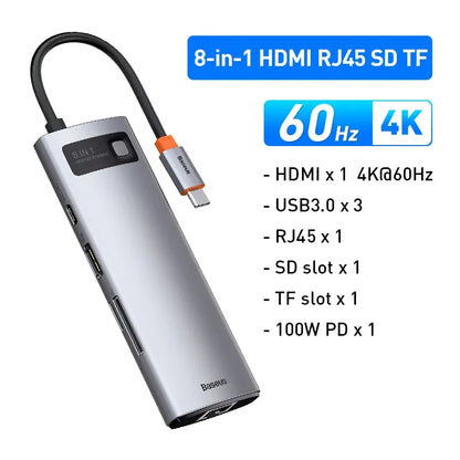 Baseus 4K 60Hz USB C Hub Type C to HDMI SD TF Ethernet Port PD 100W Fast Charging USB 3.0 Adapter for Macbook Laptop Tablet HUB