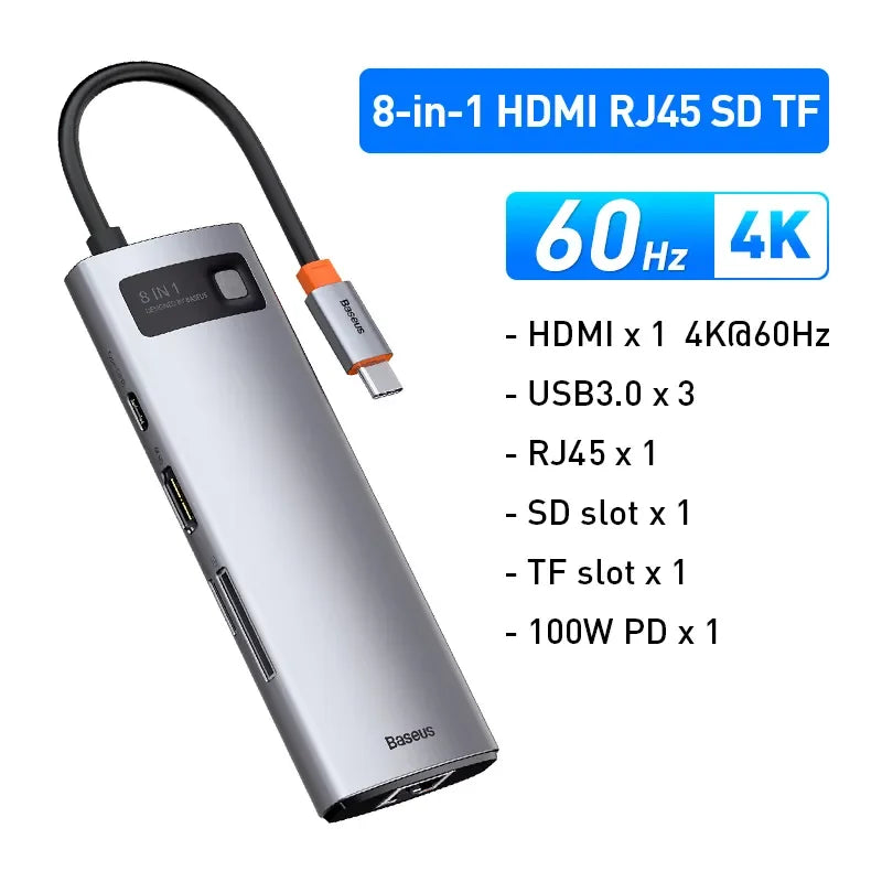 Baseus 4K 60Hz USB C Hub Type C to HDMI SD TF Ethernet Port PD 100W Fast Charging USB 3.0 Adapter for Macbook Laptop Tablet HUB