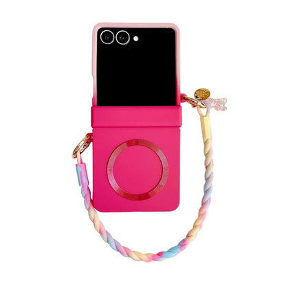 Skin Feeling Wireless Magnetic Lanyard Phone Case For Samsung Galaxy Z Flip 3 4 5 6 7 8 Macaron Gradient Cord PC Hard Shell