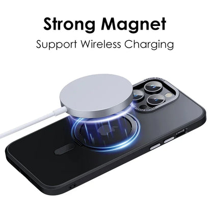 Magnetic 360°Rotation Stand Phone Case For iphone 12 13 14 15 16 17 Pro Max Plus With Ring Holder Frosted Transparent Case Funda