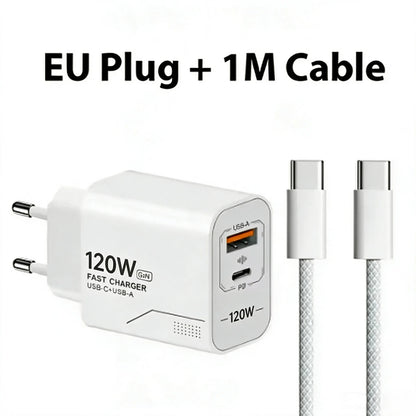 120W 2-Port GaN Type C Charger USB-C Fast Charging Wall Adapter US/EU Plug Phone Charger Compatible with iPhone Samsung Xiaomi