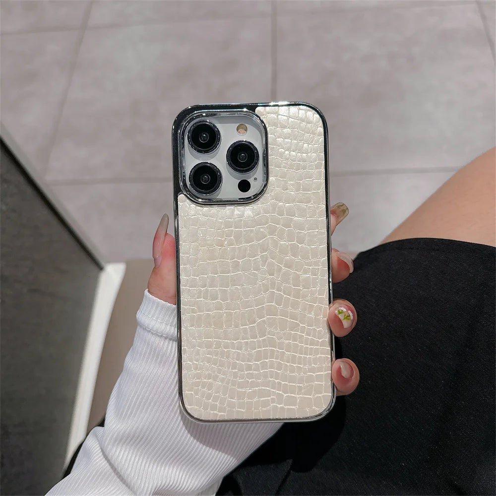 Luxury Glossy Crocodile Pattern Case For iPhone 17 Air 16 15 14 13 12 11 Pro Max Plus Plating Cool Armor Shockproof Bright Cover