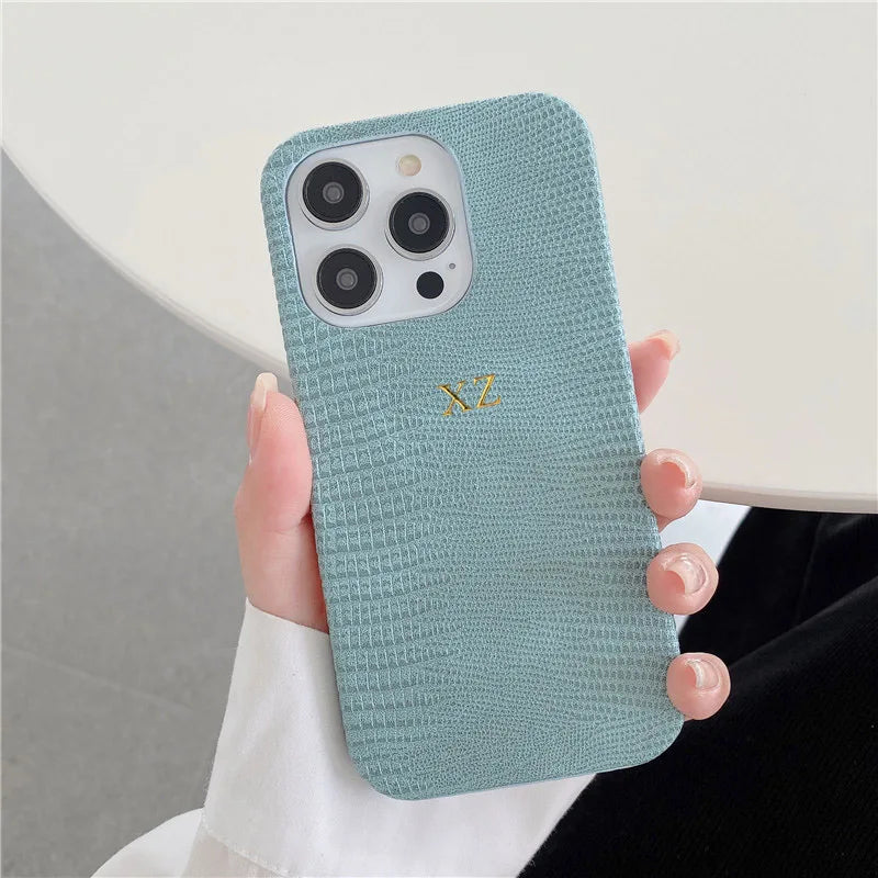 Personalise Gold Silver Initials Letters Leather Case For iphone 15 14 13 16 17 18Pro Max 14 16 Plus Luxury Lizard PU Hard Cover