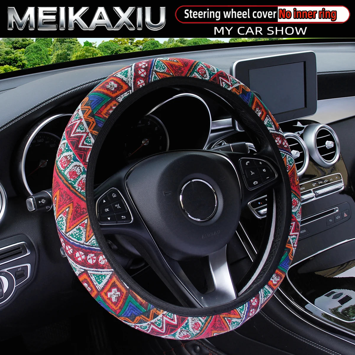 38CM Ethnic Bohemian Style Fabric Car Steering Wheel Cover All-Season Use No Inner Ring Automotive Decoration Accessory