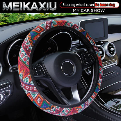 38CM Ethnic Bohemian Style Fabric Car Steering Wheel Cover All-Season Use No Inner Ring Automotive Decoration Accessory