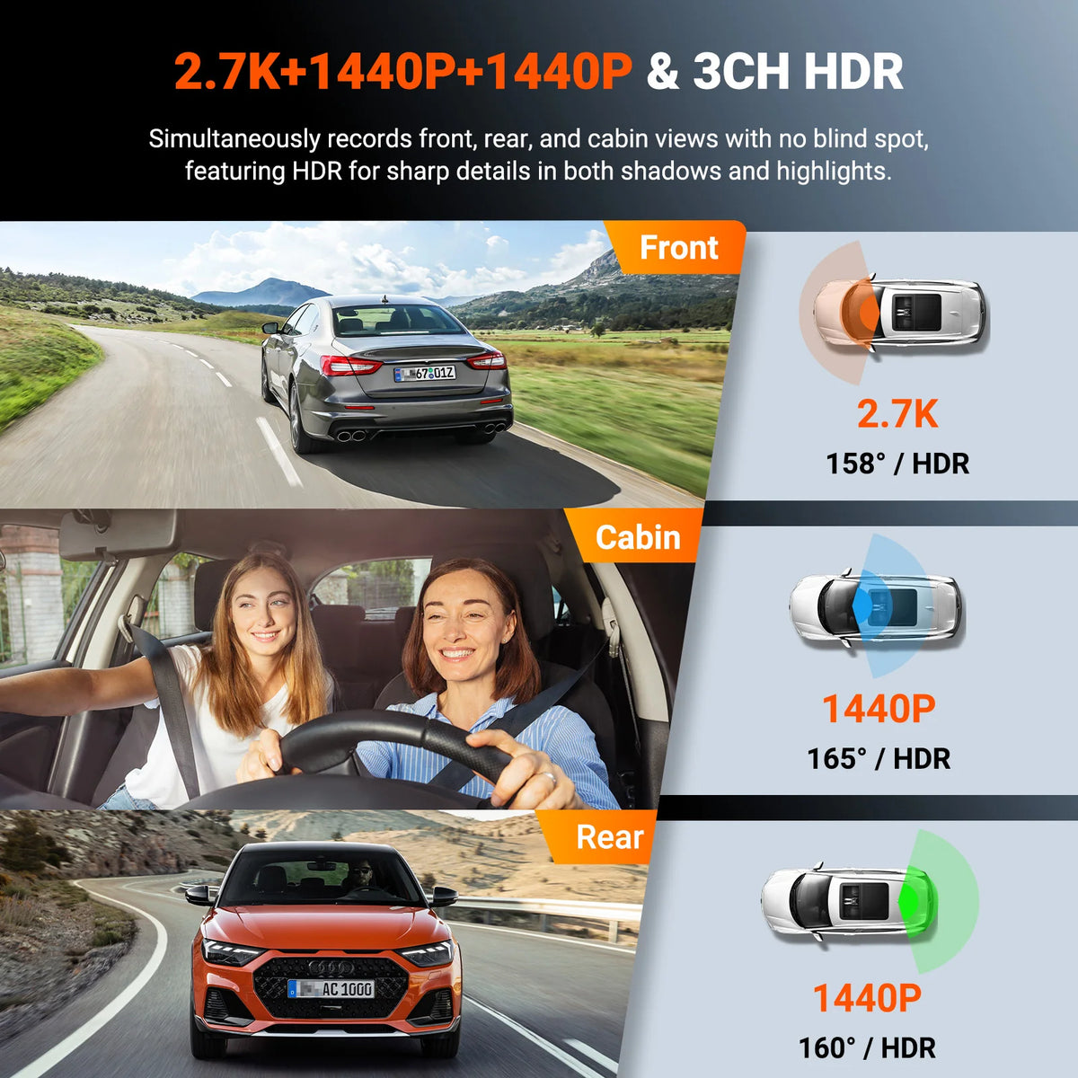 Vantrue N4S DashCam 3 Channel WiFi STARVIS 2 2.7K+1440P+1440 Waterproof Rear Camera HDR IR Night Vision GPS 24h Packing Mode