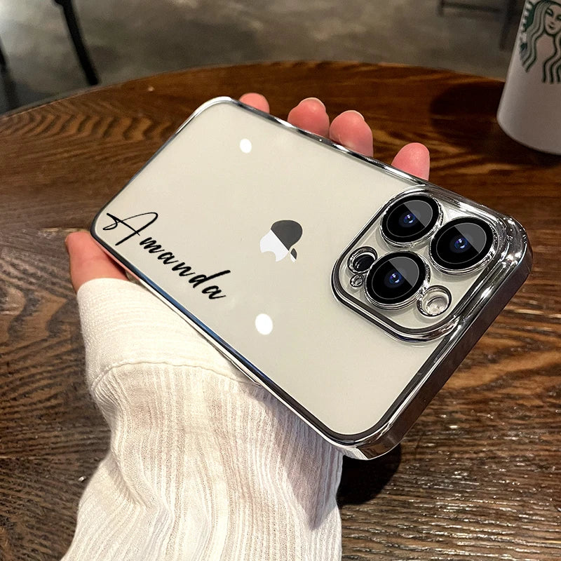 Personalised Customized Name Case For iPhone 18 17 16 15 14 13 12 11 Pro Max 17 Air Luxury Plating Transparent Clear Cover