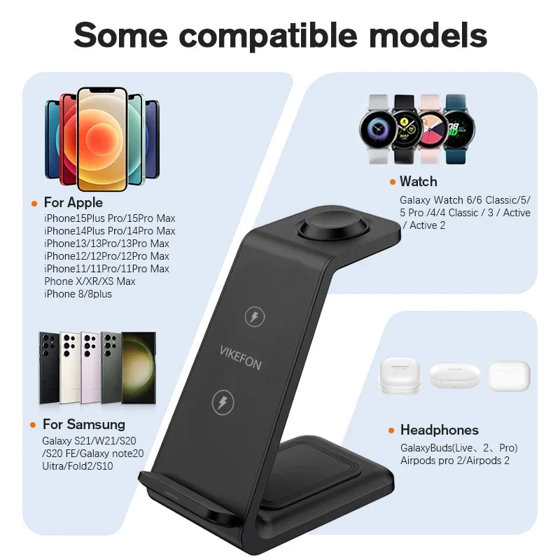 VIKEFON  3 in 1 Wireless Charger Stand for iPhone 16 15 14 13 12 Samsung Galaxy Apple Watch Airpods Pro Fast Charging Station