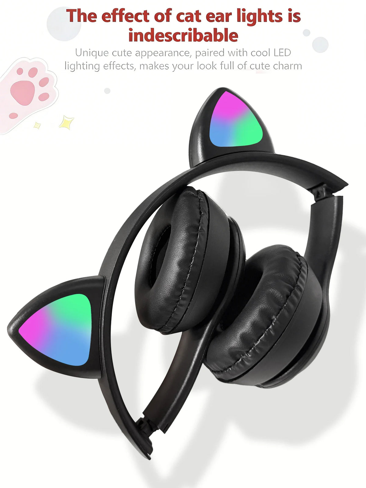 Foldable Glowing Cat Ear Over Ear Headphones, Fashion RGB Light Stereo Headset for Gaming, Music, Sports & Office