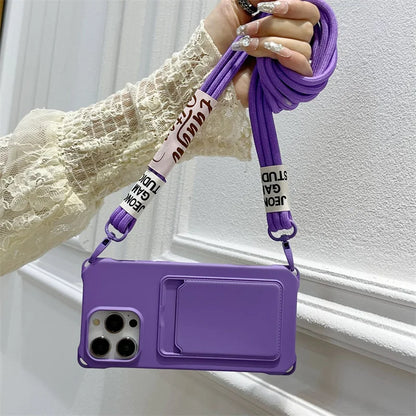 Strap Case For iPhone 17 Pro Max 16 15 14 12 11 13 Mini Plus Air Shockproof Silicone Card Slot Crossbody Necklace Lanyard Cover