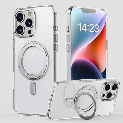 Transparent Phone Case for iPhone 17 Pro Max 16 Plus 15 14 With Magnetic MagSafe Rotating Bracket Shock Proof Protective Cover