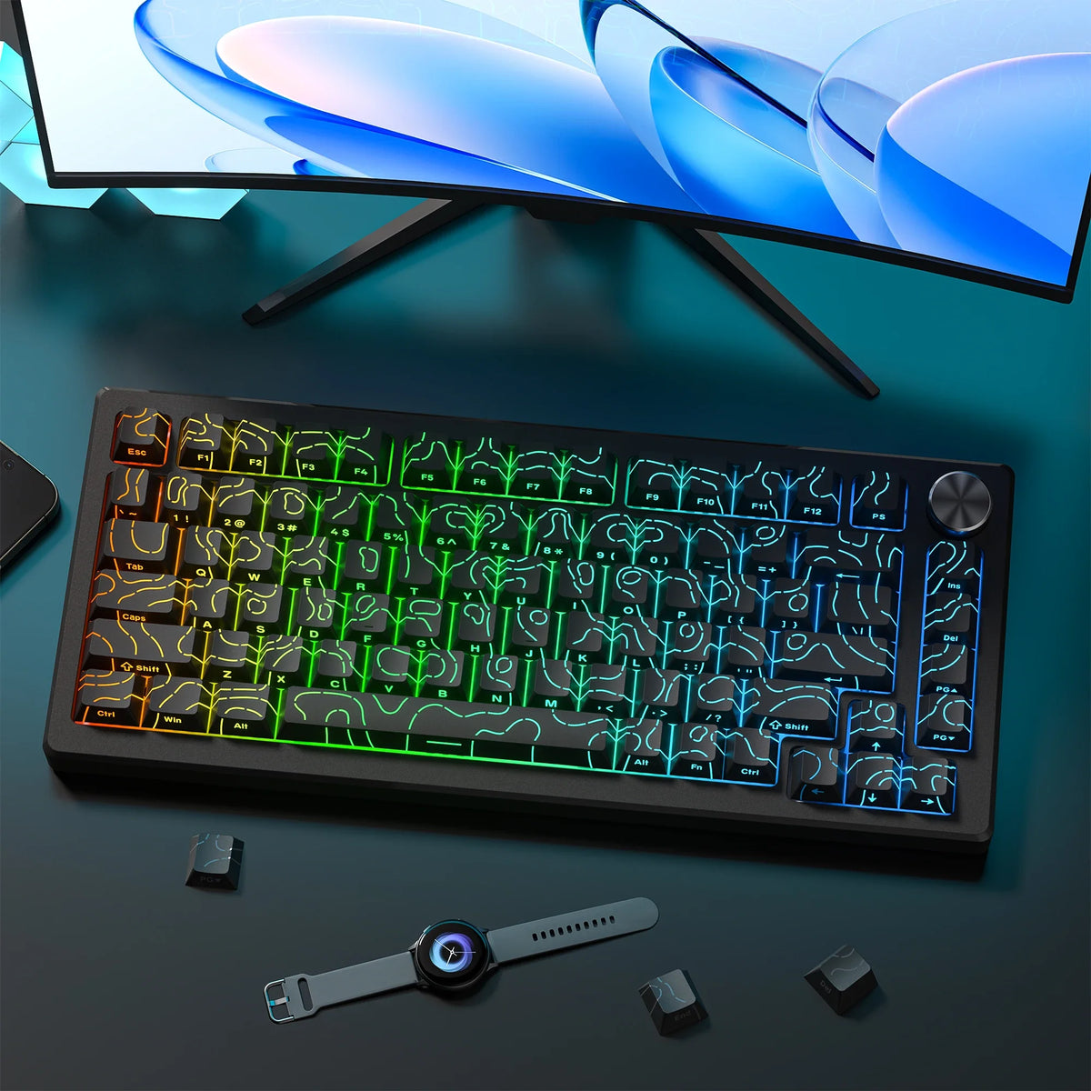 RGB Backlit Keycaps Cherry Profile Black Topographic 4.0 Side-lit Double Shot PBT Keycaps for Cherry MX Switches Gaming Keyboard