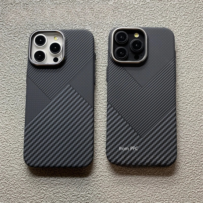 Geometric Relief Carbon Fiber Pattern Case for iPhone 16 17 Pro Max 15 Cover Magnetic Hard Charging Shell Alloy Camera Shields