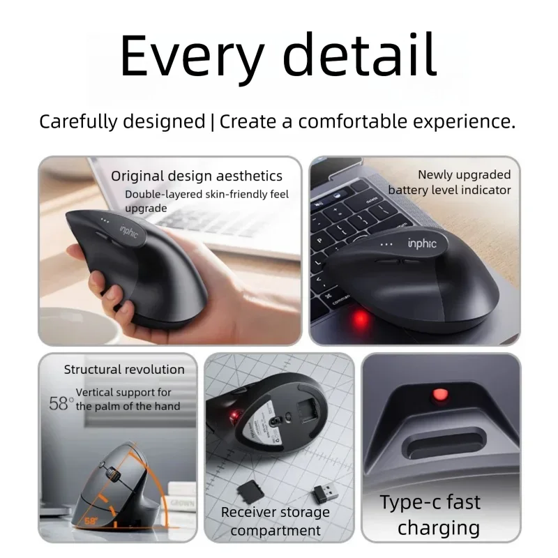 Inphic X9 PRO Vertical Wireless Mouse Type-C Fast Charging Ergonomic Silent Office Mouse For Laptop PC Computer Gaming Mouse