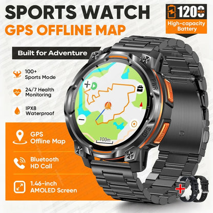 1200mAh Massive Power Outdoor GPS Smart Watch Offline Map 1.43“ HD Screen IPX8 Waterproof Compass Military 107+Sports Watch Men