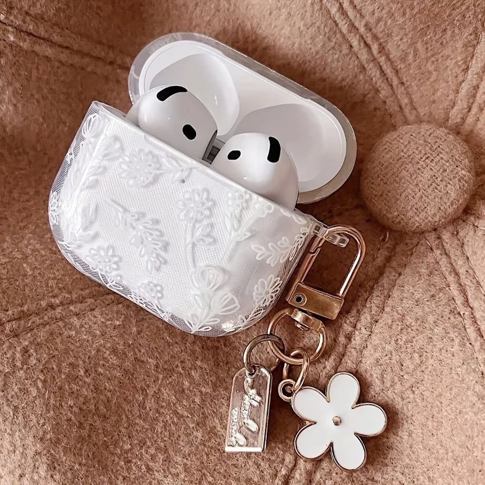 Elegant White Flower Pattern Earphone Case for Apple AirPods Pro2/Pro3/Pro Headphones Cover For AirPods 4/3/1/2 Protective Cases