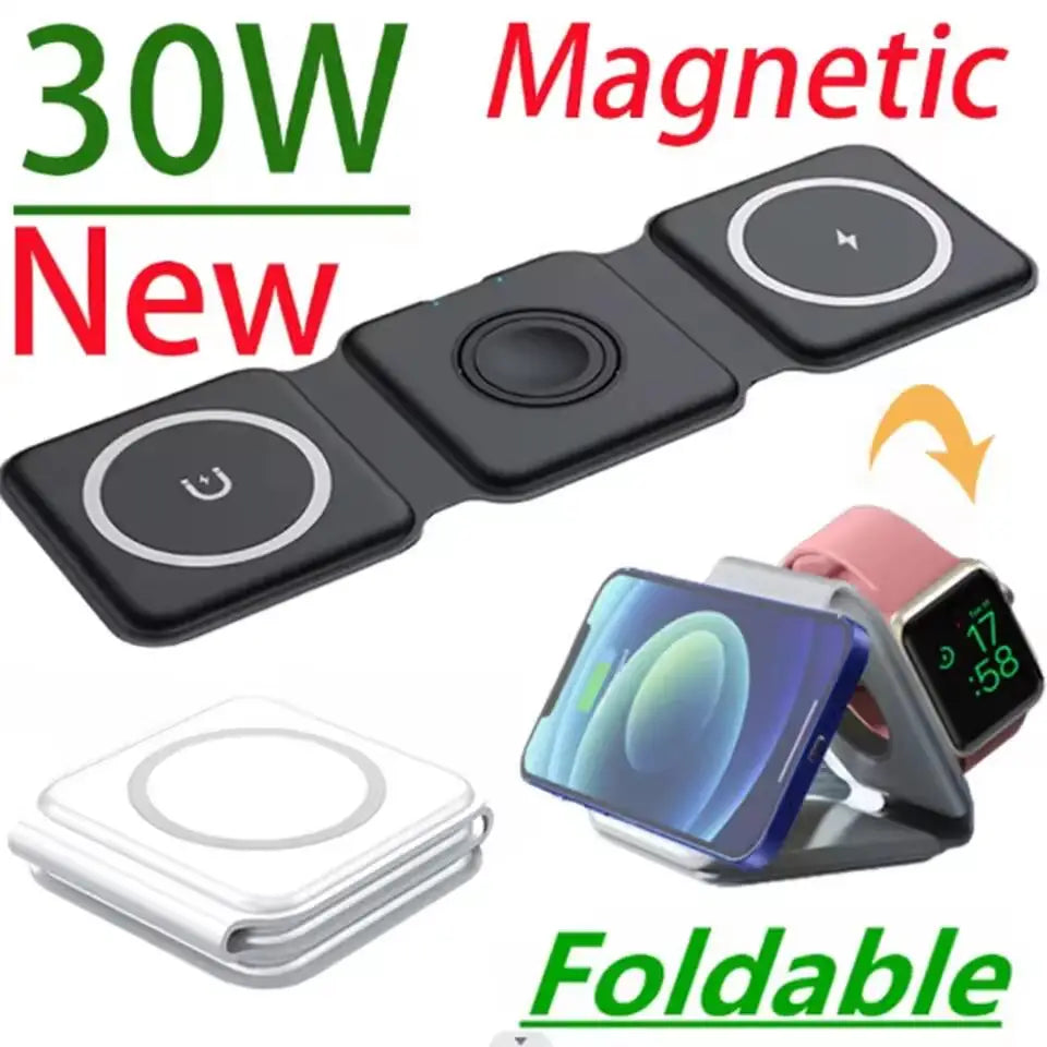 3 in 1 Magnetic Wireless Charger Fast Charging Dock Station Portable Foldable Stand Trip Charger For iPhone Apple Watch AirPods