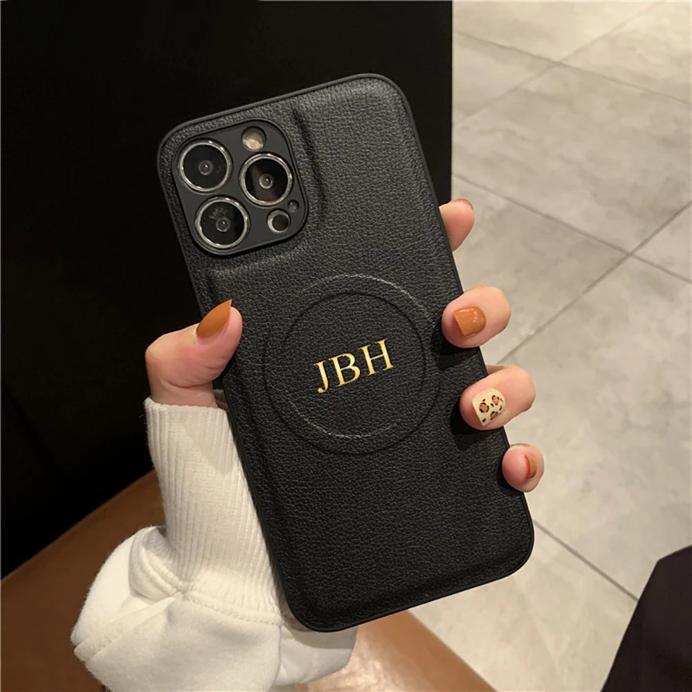 Personalized Case For iPhone11 12 13 14 15 16 17 18 Pro Max Customized Initials Name Wireless Charging For Magsafe Leather Cover
