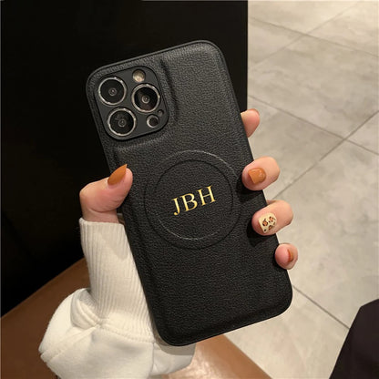 Personalized Case For iPhone11 12 13 14 15 16 17 18 Pro Max Customized Initials Name Wireless Charging For Magsafe Leather Cover