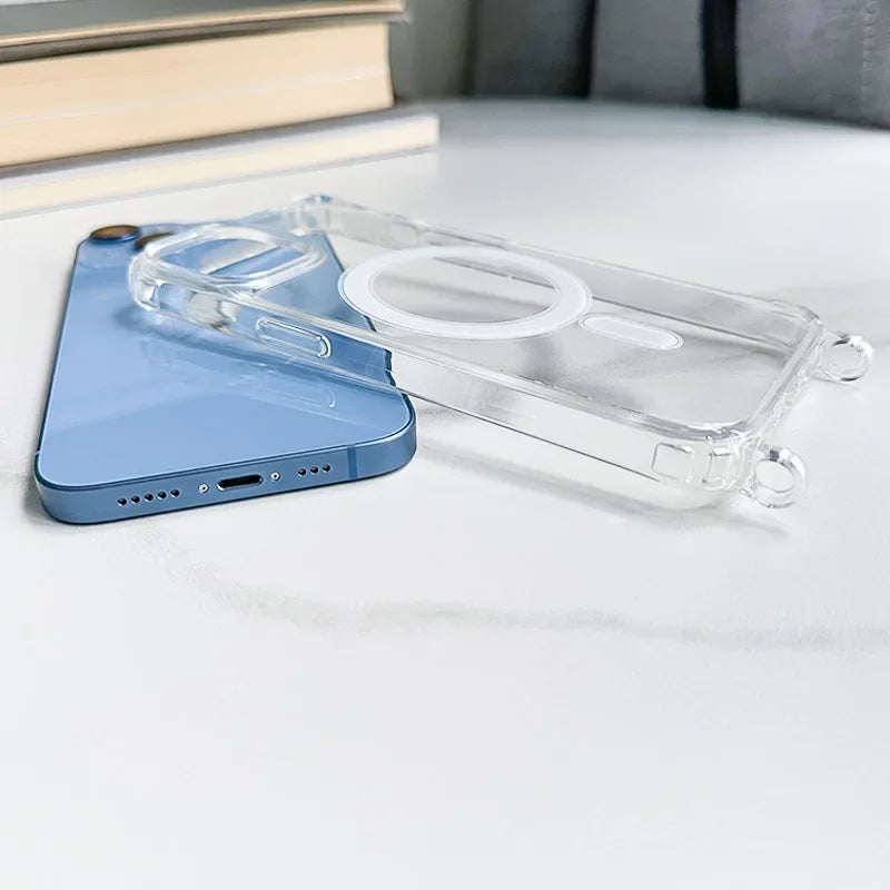 Crossbody Lanyard Clear Magnetic Case For iPhone 15 Pro 16 14 13 12 Pro Max For Magsafe Shockproof Acrylic Hard PC Back Cover