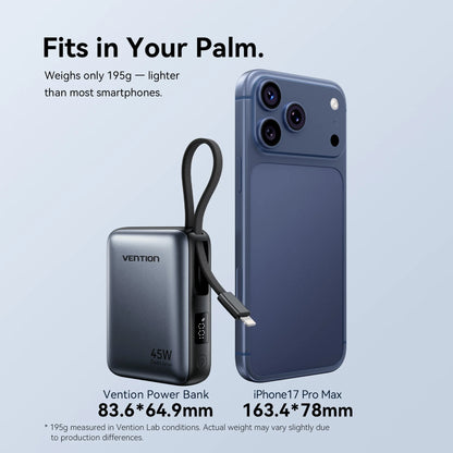 Vention 45W 10000mAh Power Bank Built-In USB-C Cable Portable Powerbank for iPhone 17 Samsung S26 Pocket-Sized Auxiliary Battery