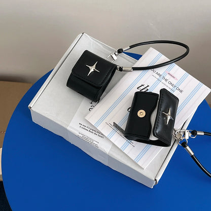 Stylish Luxury Metal North Star Faux Leather Shockproof Protective Cover Case For AirPods 1 2 3 4 5 Pro 2 Pro 3 with Lanyard
