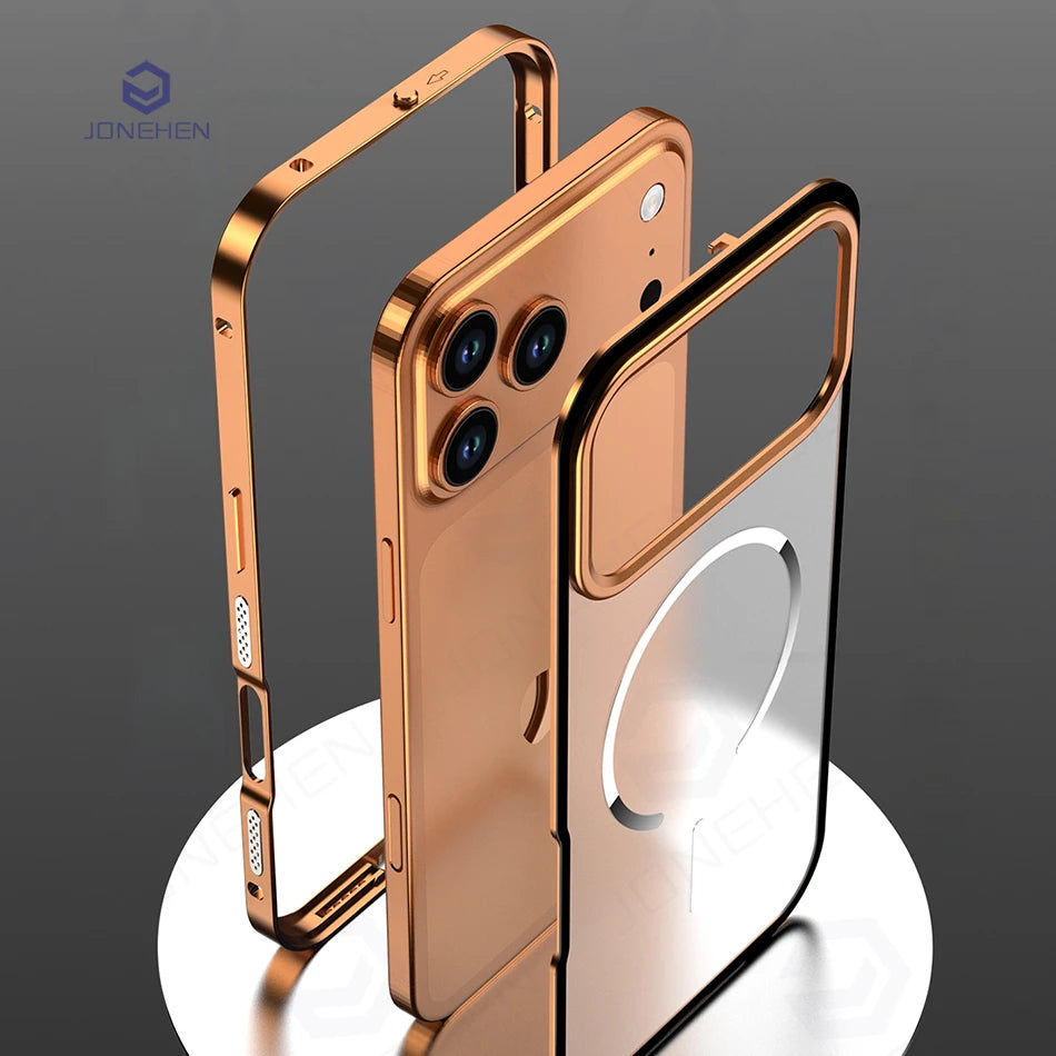 Metal Magnetic Suction Case For iPhone 17 Pro Max Air 16 15 14 13 Orange Aluminum Alloy Frame Anti-fall Matte Cover For Magsafe