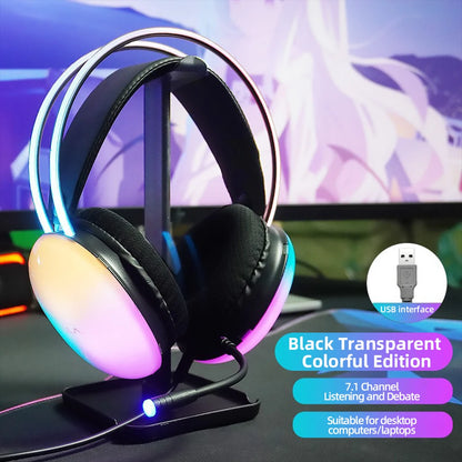 AULA S505 Esports Gaming Headphones Computer USB Wired Headset RGB Cool Light Effect Headband Transparent Earphone for PC Laptop