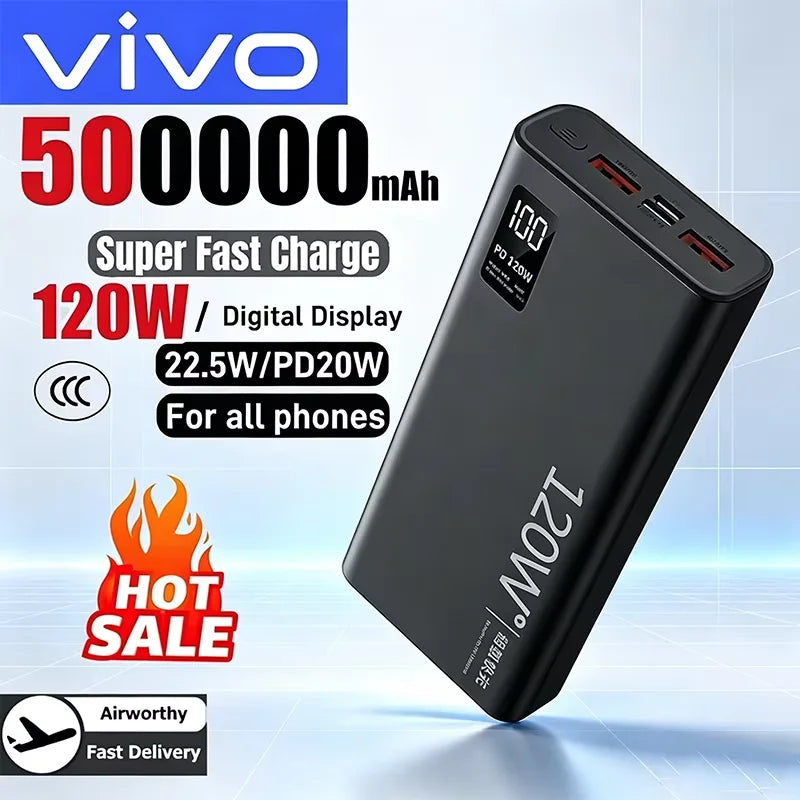 VIVO 500000mAh Power Bank 120W Super Fast Charging Powerbank LED Digital Display Portable External Battery For Iphone Samsung