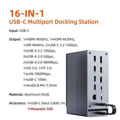 CABLETIME 16 IN 1 USB C Dock Station 4K60Hz HDMI MST Microchip PD100W 10Gbps Type C 1000Mbps Lan Port for Laptop Macbook Pro