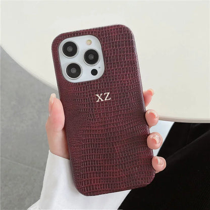 Personalise Gold Silver Initials Letters Leather Case For iphone 15 14 13 16 17 18Pro Max 14 16 Plus Luxury Lizard PU Hard Cover