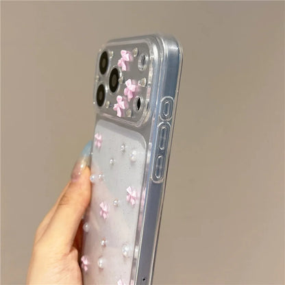 Cute 3D Pink Bowknot Pearl Glitter Clear Phone Case For iPhone 17 18 Pro Max 16 15 12 11 14 13 Lovely Shockroof TPU Soft Cover