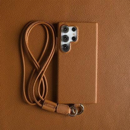 Luxury Cowhide Genuine Leather Case for Samsung Galaxy S26 Ultra S23 S22 S21 S26FE  Strap Crossbody Lanyard Phone Cover Coque
