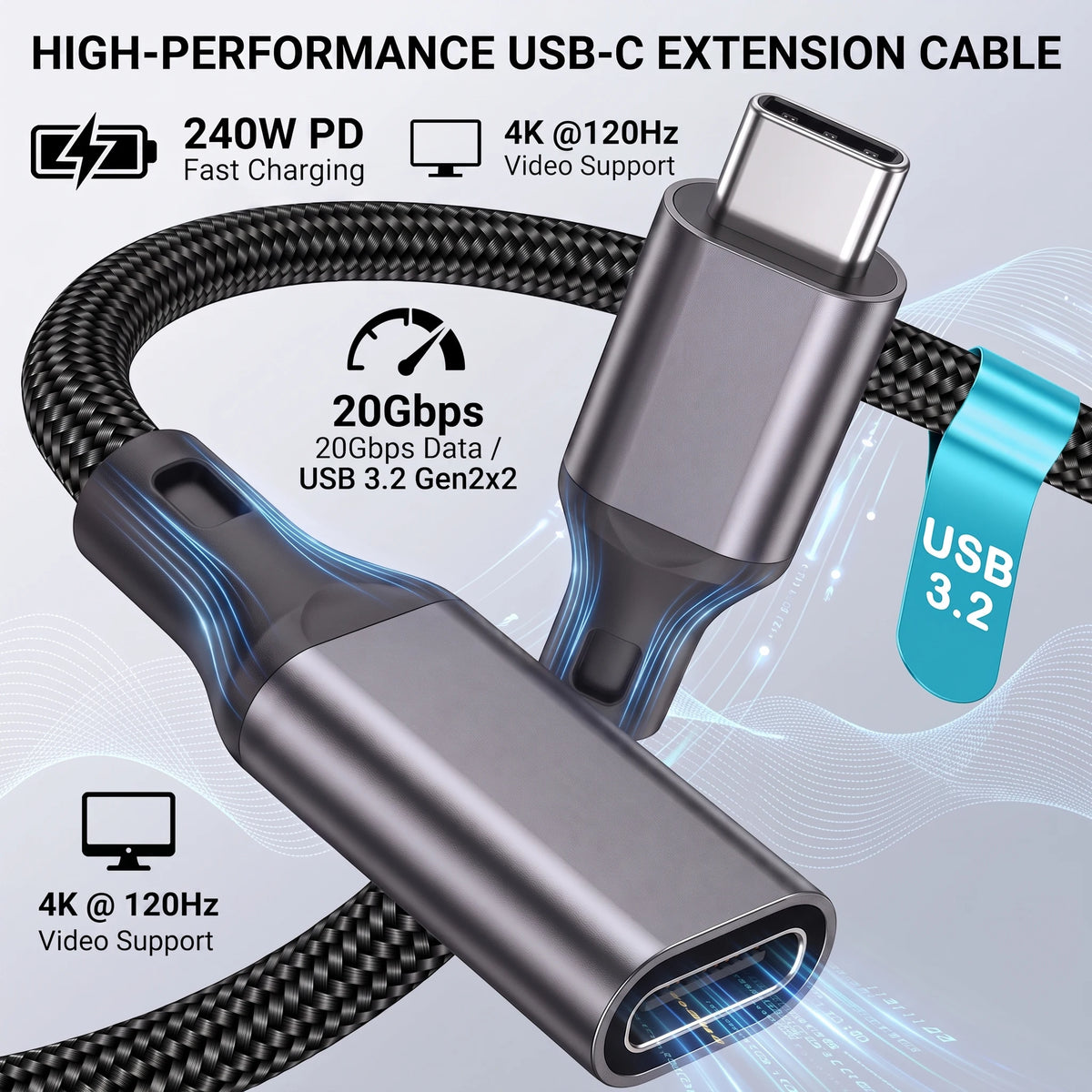 USB 3.2 Gen2x2 Extension Cable for Thunderbolt 20G 240W USB Type C Extender Male to Female Adapter for Monitor Cord Hub Laptop