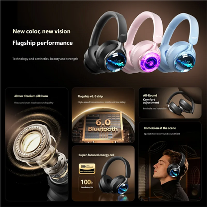 Acer Wireless Bluetooth 6.0 Headphones RGB Cool Lighting Foldable Over-Ear Headphones Stereo Effects for Travel Home Office