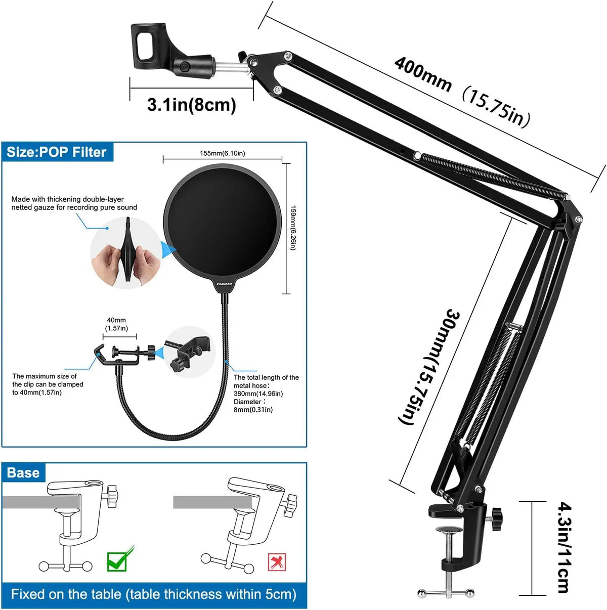 Microphone Stand Kit for Blue Yeti Adjustable Suspension Scissor Boom Arm for SM7B HyperX QuadCast AM8 A8 A6V K658 K688 K669 Mic