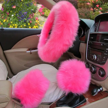 YESPLEASE 3pcs/set Wool Winter Car Steering Wheel Cover Long Australian Wool Heated Fur Handbrake Gear Shifter Cover