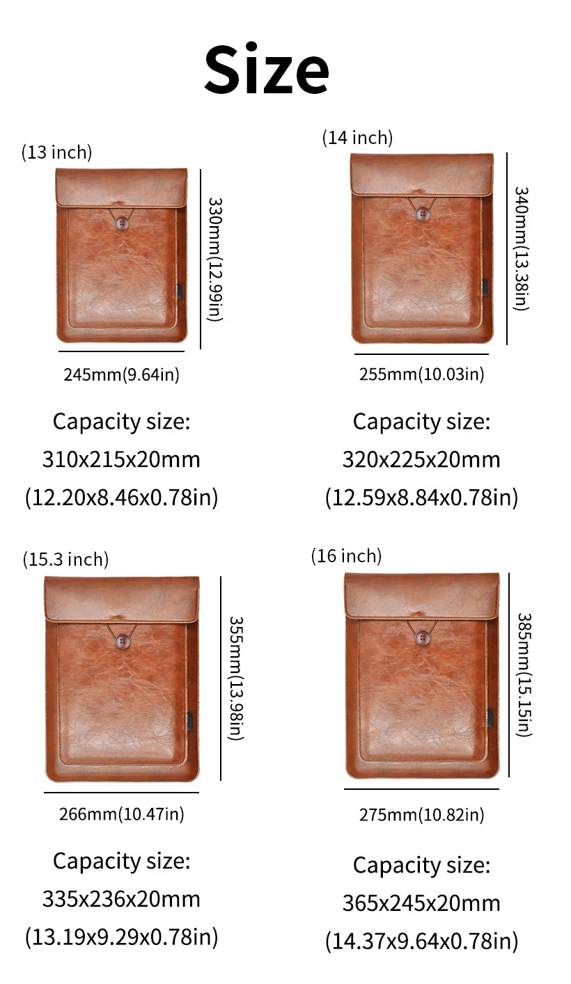 2 Pockets For Accessory  13/14/15/16 Inch Laptop Bag Cover PU Sleeve Case For MacBook Pro Air 13.3 13.6 MateBook 14 XPS 13 15