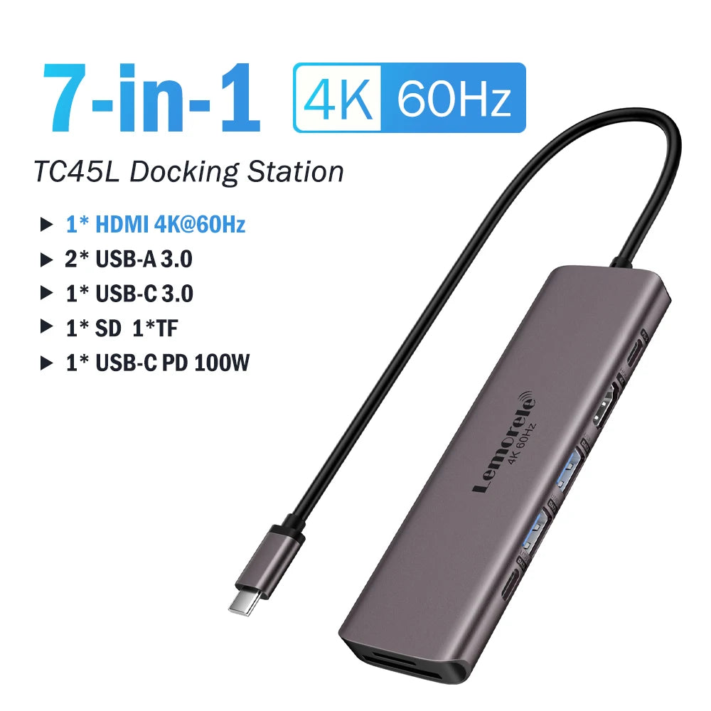 Lemorele 7-in-1 USB HUB Docking Station USB-C Hub HDMI 4K 60Hz USB 3.0 Adapter PD100W Charge For MacBook Pro Laptop Accessories