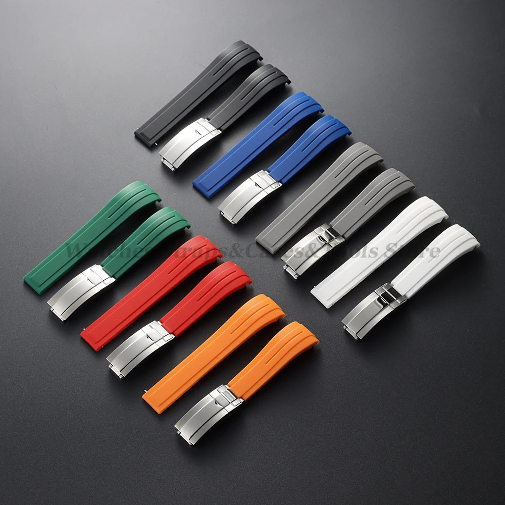 Curved Rubber Watch Bracelet 20mm 21mm 22mm for Rolex Green Water Ghost for Oysterflex Waterproof Silicone Folding Buckle Straps