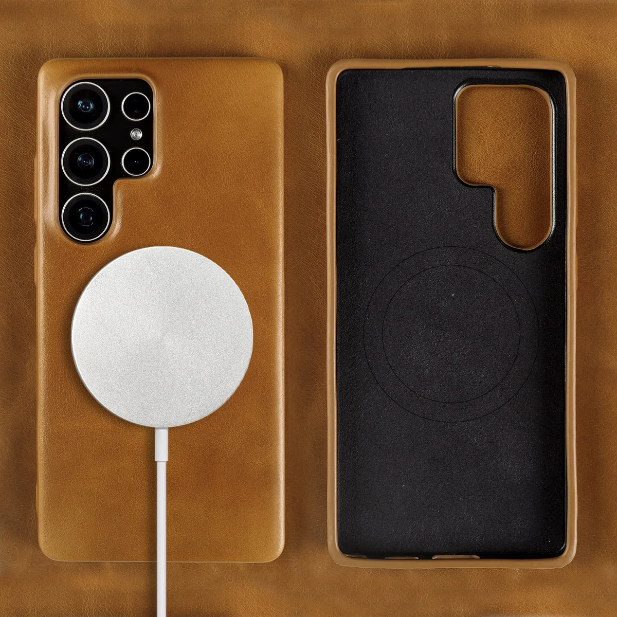 Full Wrapped Magnetic Genuine Leather Phone Case for Samsung Galaxy S25 Edge Cases S24 S23 S22 S21 S26 Wireless Charging Cover