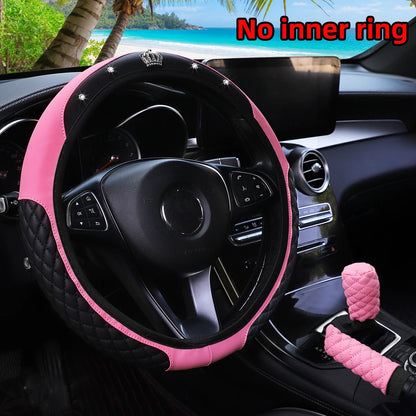3Pcs PU Leather Crown Diamond Inlays Steering Wheel Cover Gear Shift Cover Handbrake Cover for Cars without Inner Ring
