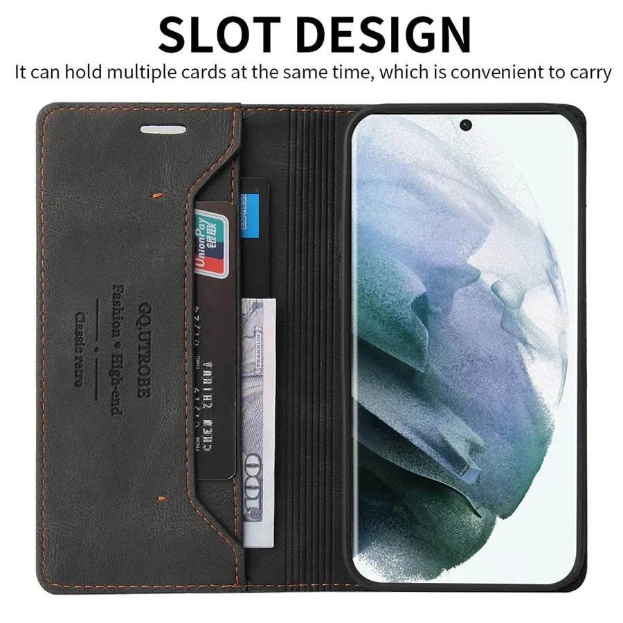 Wallet Anti-theft Brush With Card Slot Magnetic Flip Leather For Samsung Galaxy S24 Ultra S23 FE S22 Plus S21 S20 FE S10 S9 S8