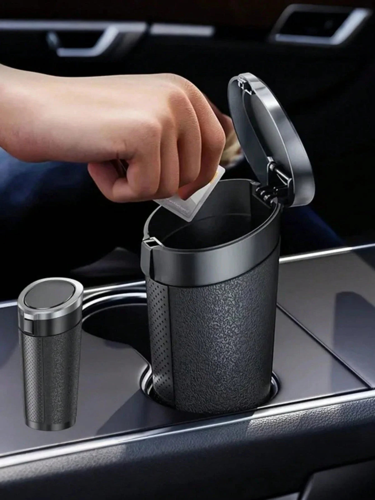 Portable Car Trash Can – Dual-Lid Design, Press & Button Open Modes, Leak-Proof, Removable Inner Liner, For Wet & Dry Waste