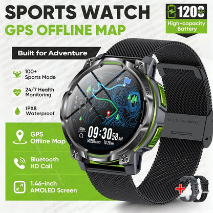 1200mAh Massive Power Outdoor GPS Smart Watch Offline Map 1.43“ HD Screen IPX8 Waterproof Compass Military 107+Sports Watch Men