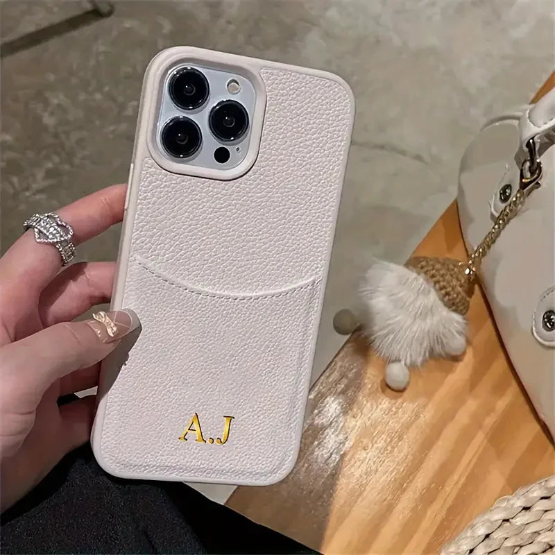 Personalized Customized Name Initial Case For iPhone 12 13 14 15 16 17 18 Pro Max Leather Card Slot Bag Lichee Pattern Cover