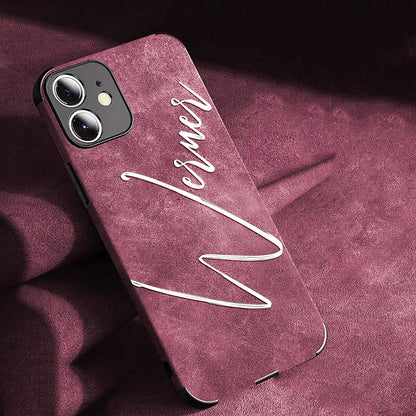 Large Brush Calligraphy Name Customized Phone Case For iPhone 16 15 14 13 12 11 Pro Max Lambskin Faux Leather Shockproof Cover