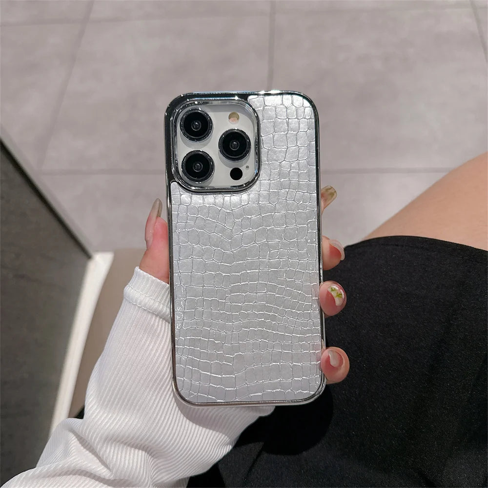 Luxury Glossy Crocodile Pattern Case For iPhone 17 Air 16 15 14 13 12 11 Pro Max Plus Plating Cool Armor Shockproof Bright Cover