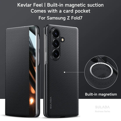 Carbon Fiber Pattern Leather Magnetic Phone Case For Samsung Galaxy Z Fold 7 6 5 4 Business Window View Wireless Charging Cover